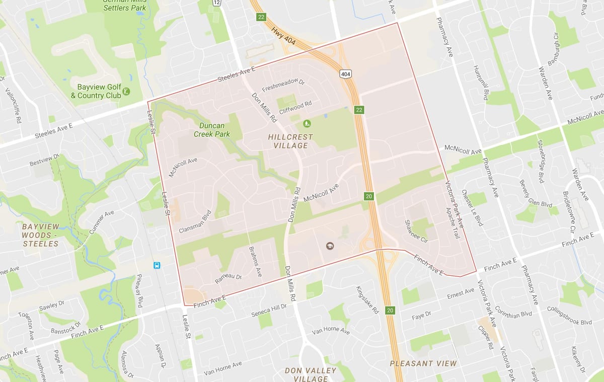 Kaart Hillcrest Küla naabrus-Toronto