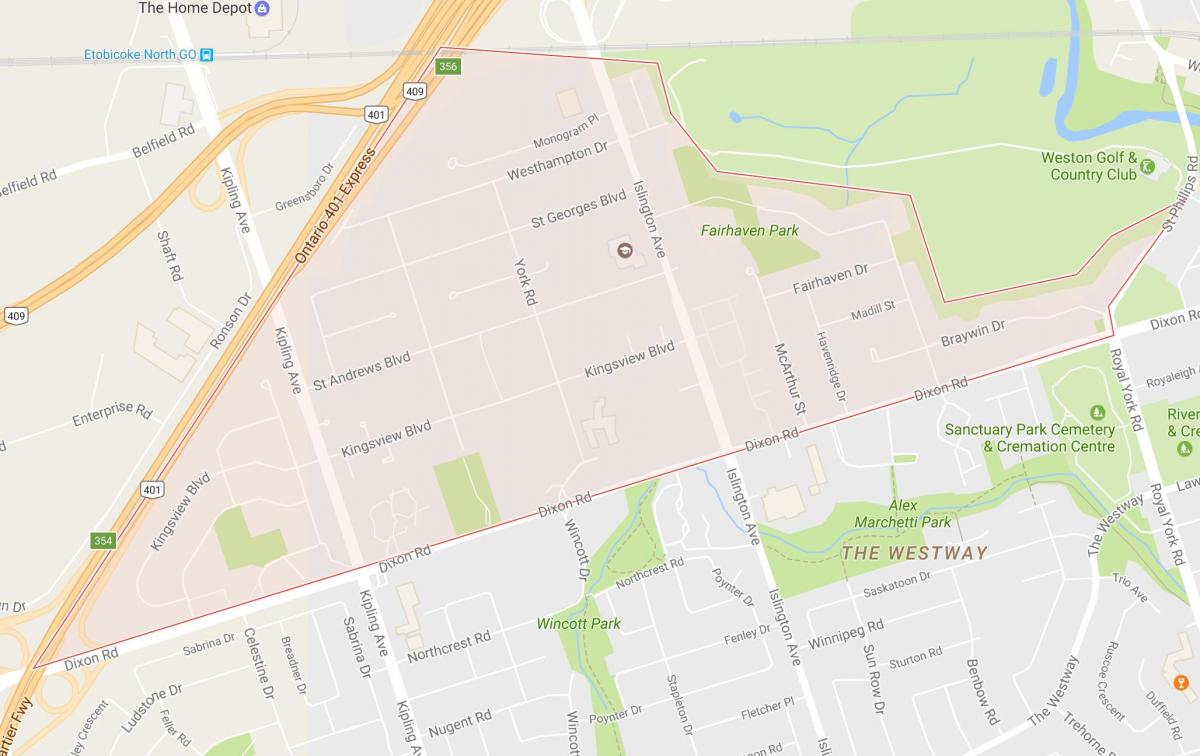Kaart Kingsview Küla naabrus-Toronto