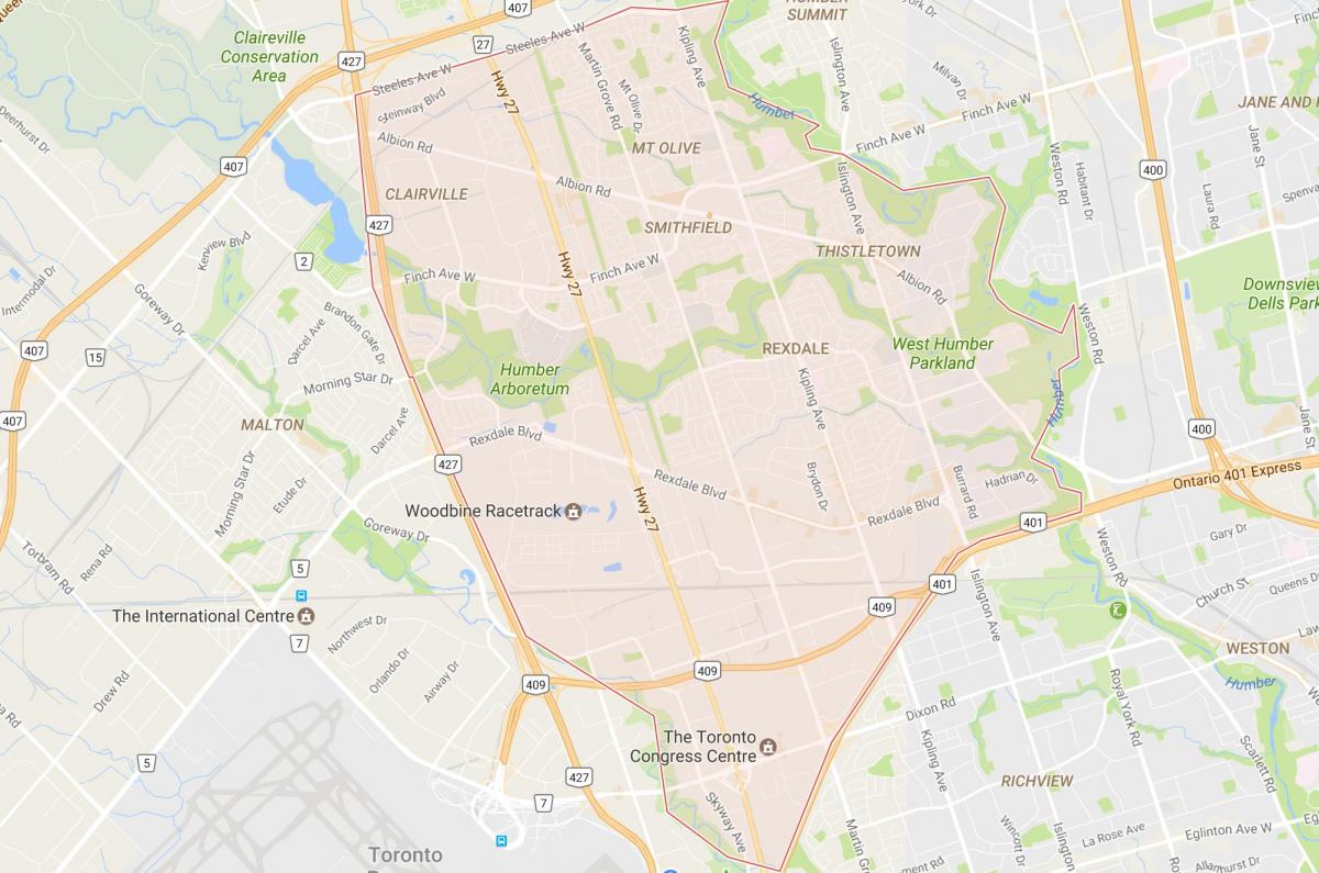Kaart Rexdale naabrus-Toronto