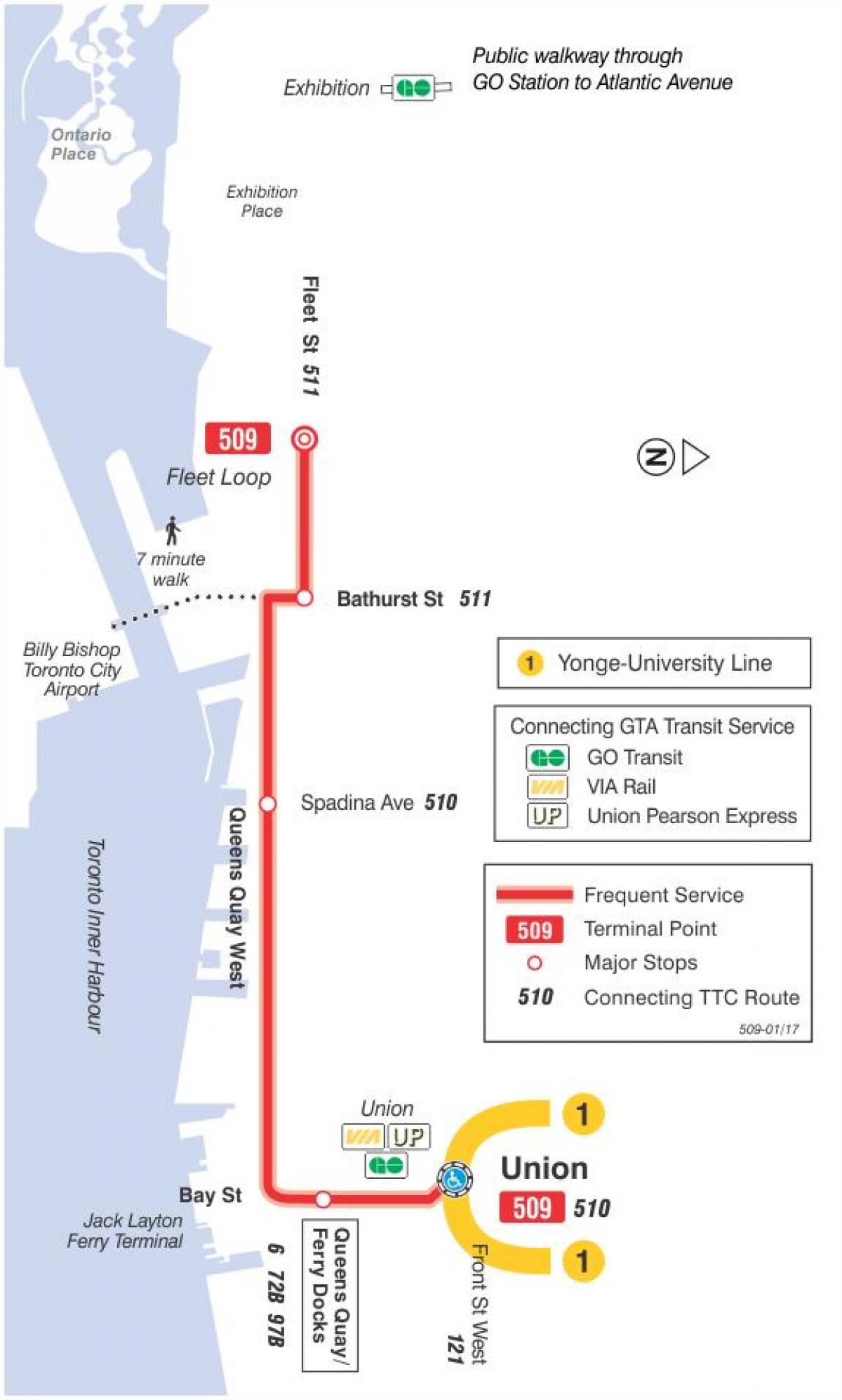Kaart streetcar line 509 Harbourfront