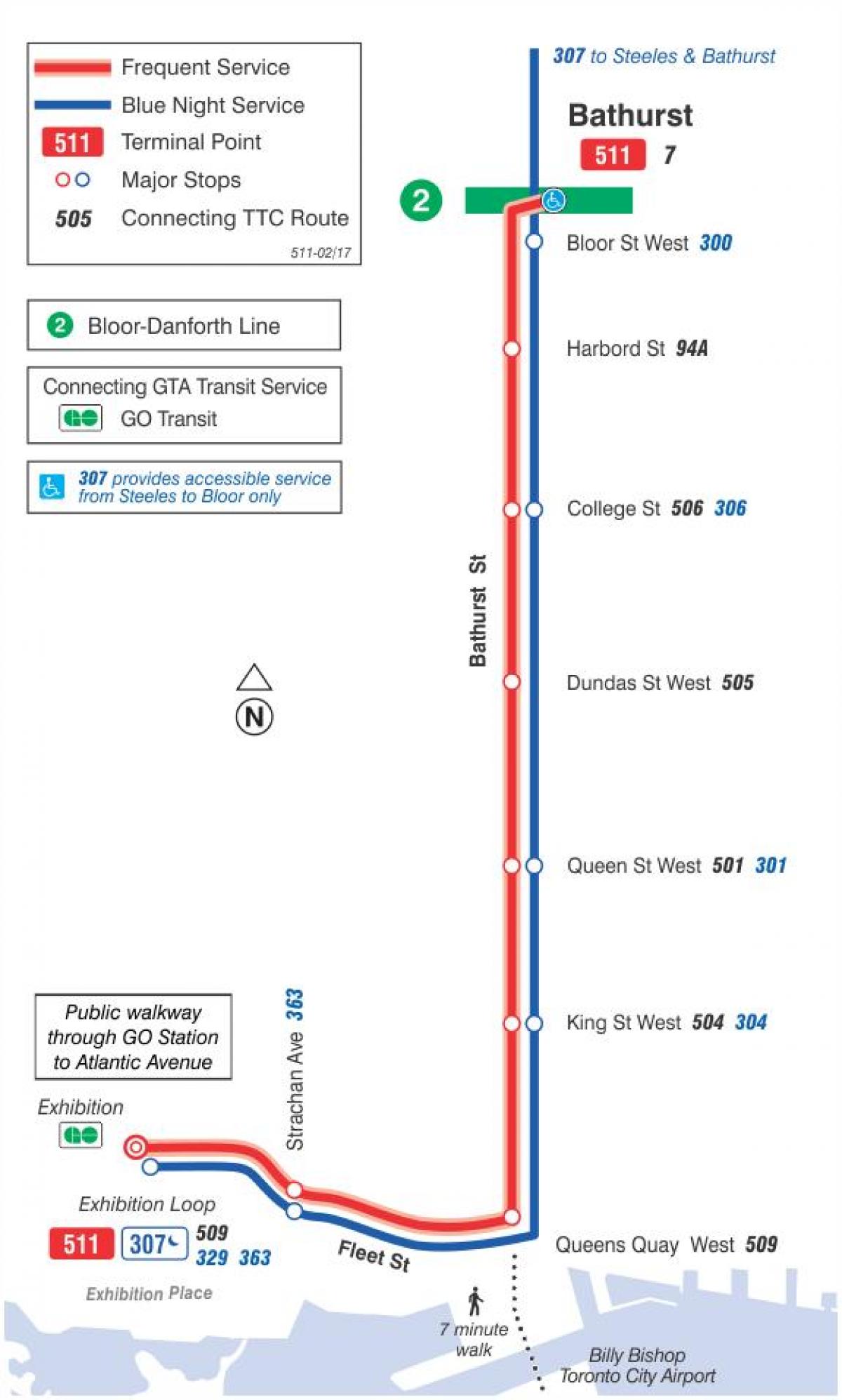 Kaart streetcar line 511 Bathurst
