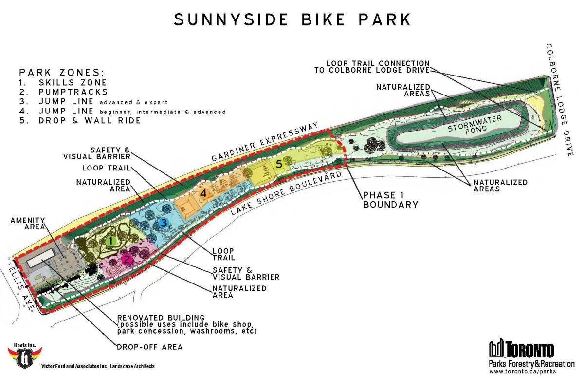 Kaart Sunnyside Bike Park tsooni Toronto