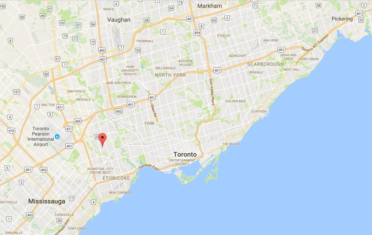 Kaart Thorncrest Küla Toronto linnaosa