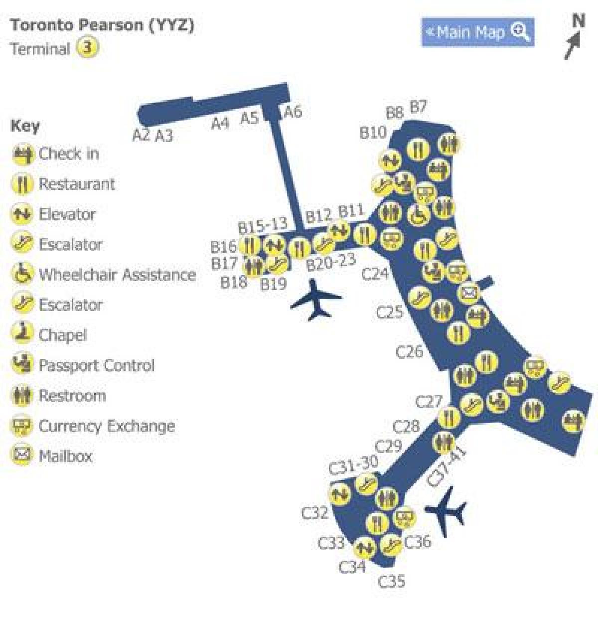 Kaart Toronto Pearson lennujaama terminal 3