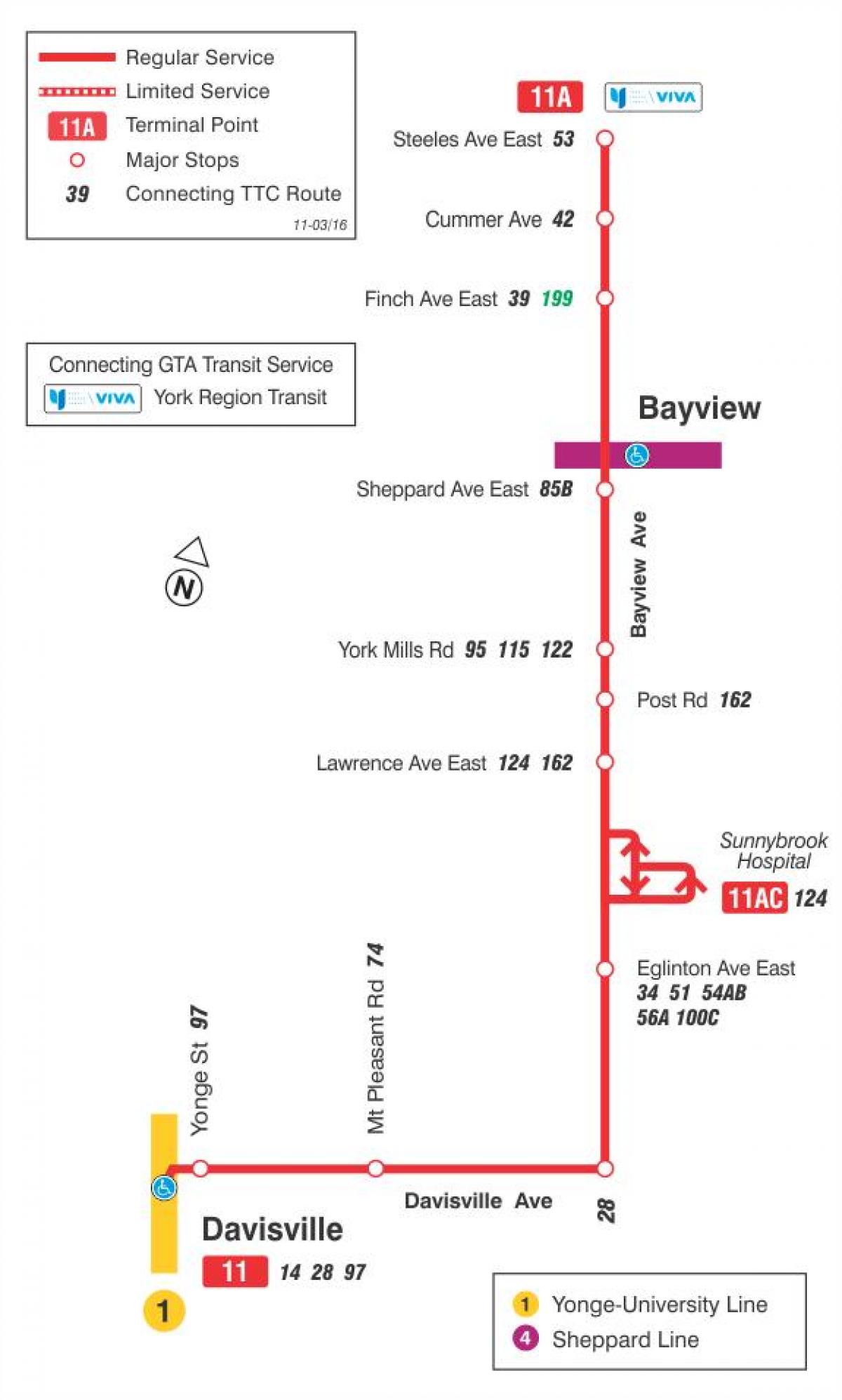 Kaart TTC 11 Bayview buss marsruudil Toronto