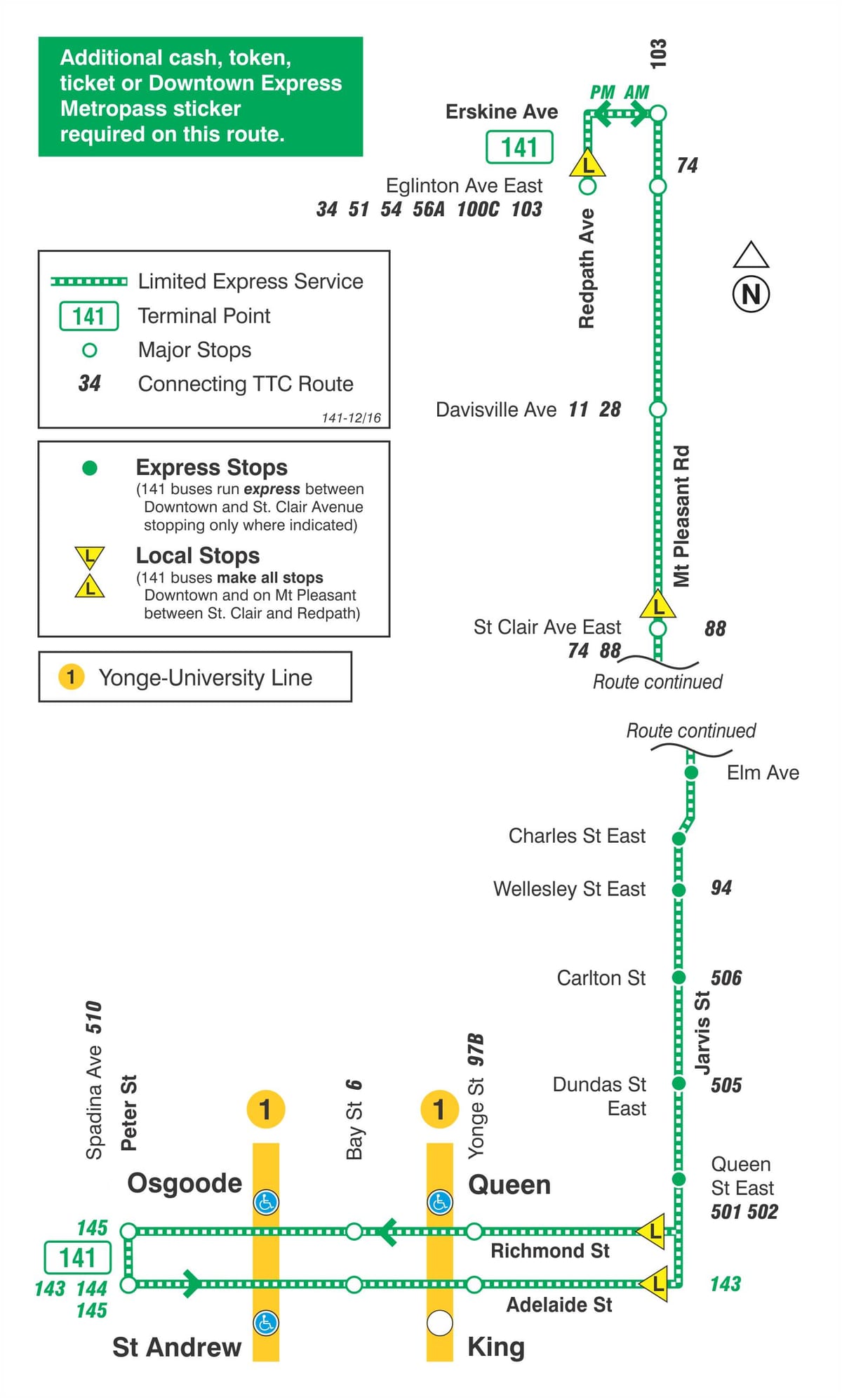 Kaart TTC 141 Downtown / Mt Meeldiv Express buss marsruudil Toronto