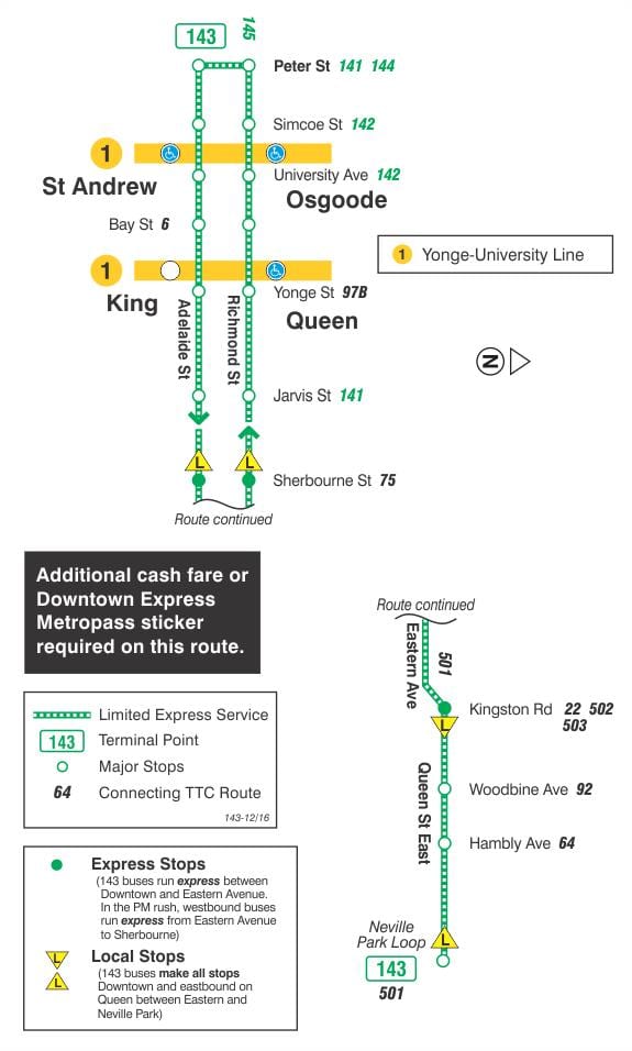 Kaart TTC 143 Downtown / Beach Express buss marsruudil Toronto