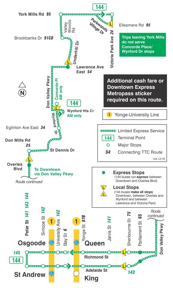 Kaart TTC 144 Downtown / Don Valley Express buss marsruudil Toronto