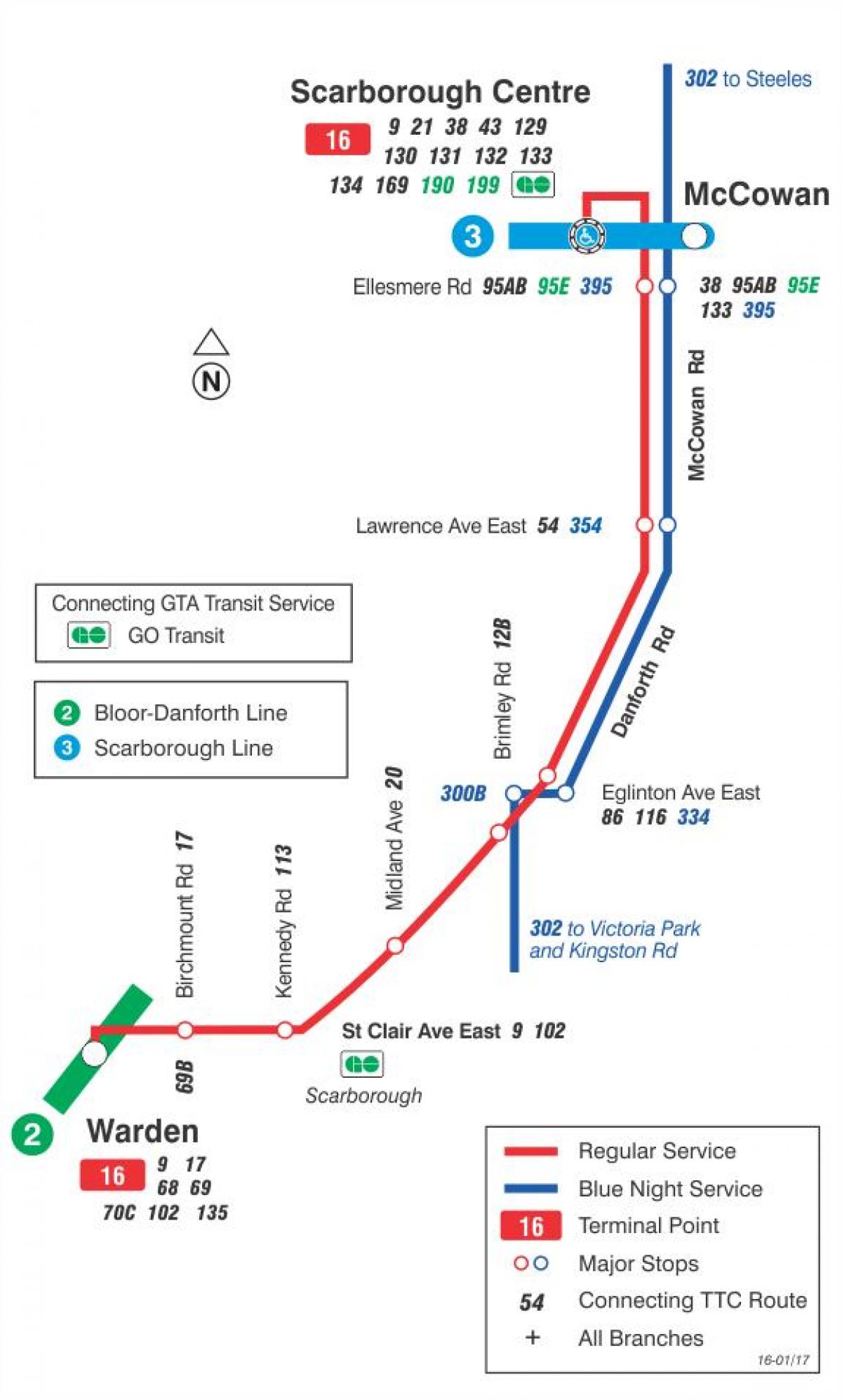 Kaart TTC 16 McCowan buss marsruudil Toronto