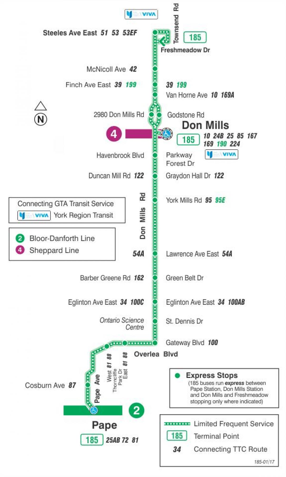 Kaart TTC 185 Don Mills Raketi buss marsruudil Toronto