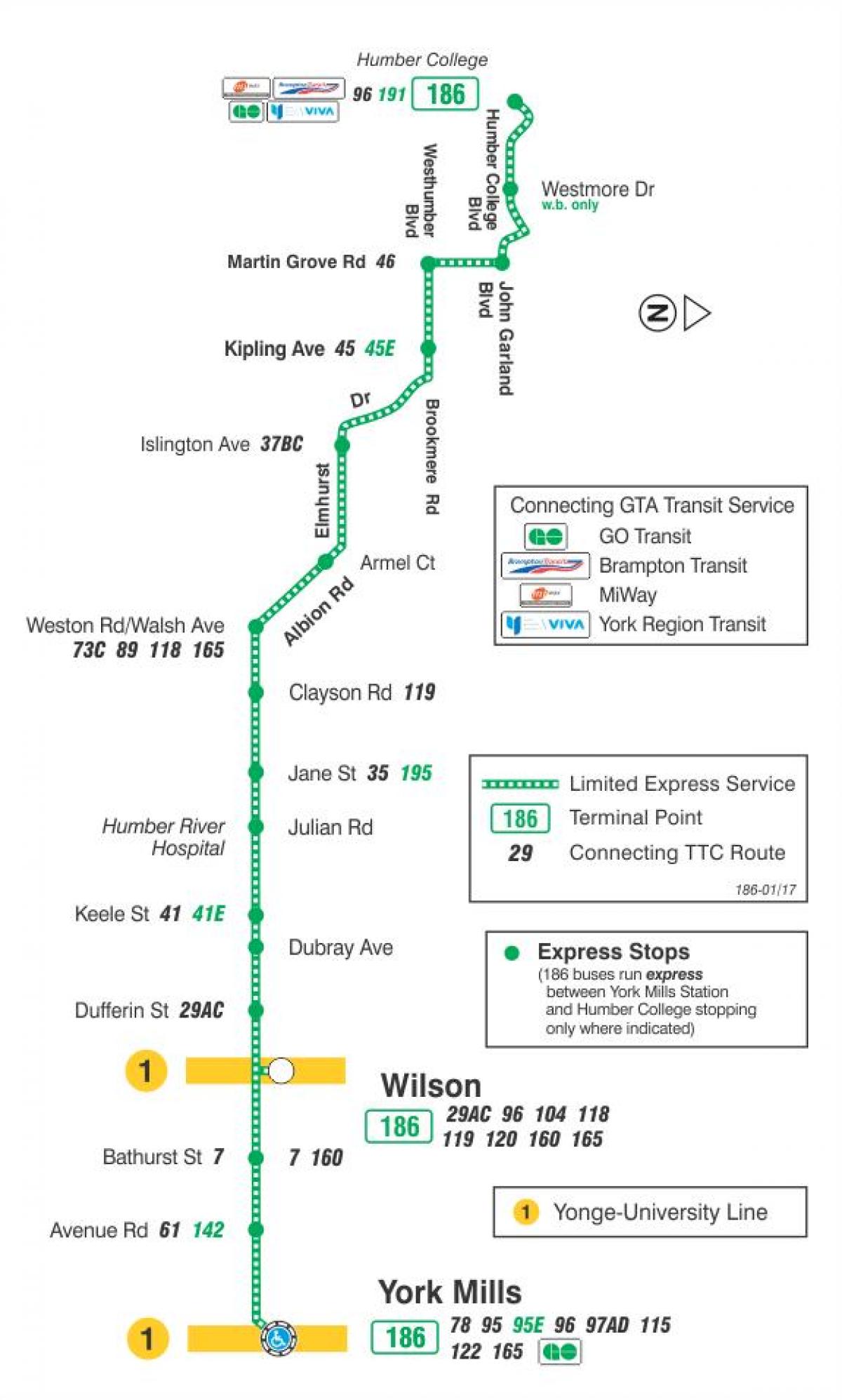 Kaart TTC 186 Wilson Raketi buss marsruudil Toronto