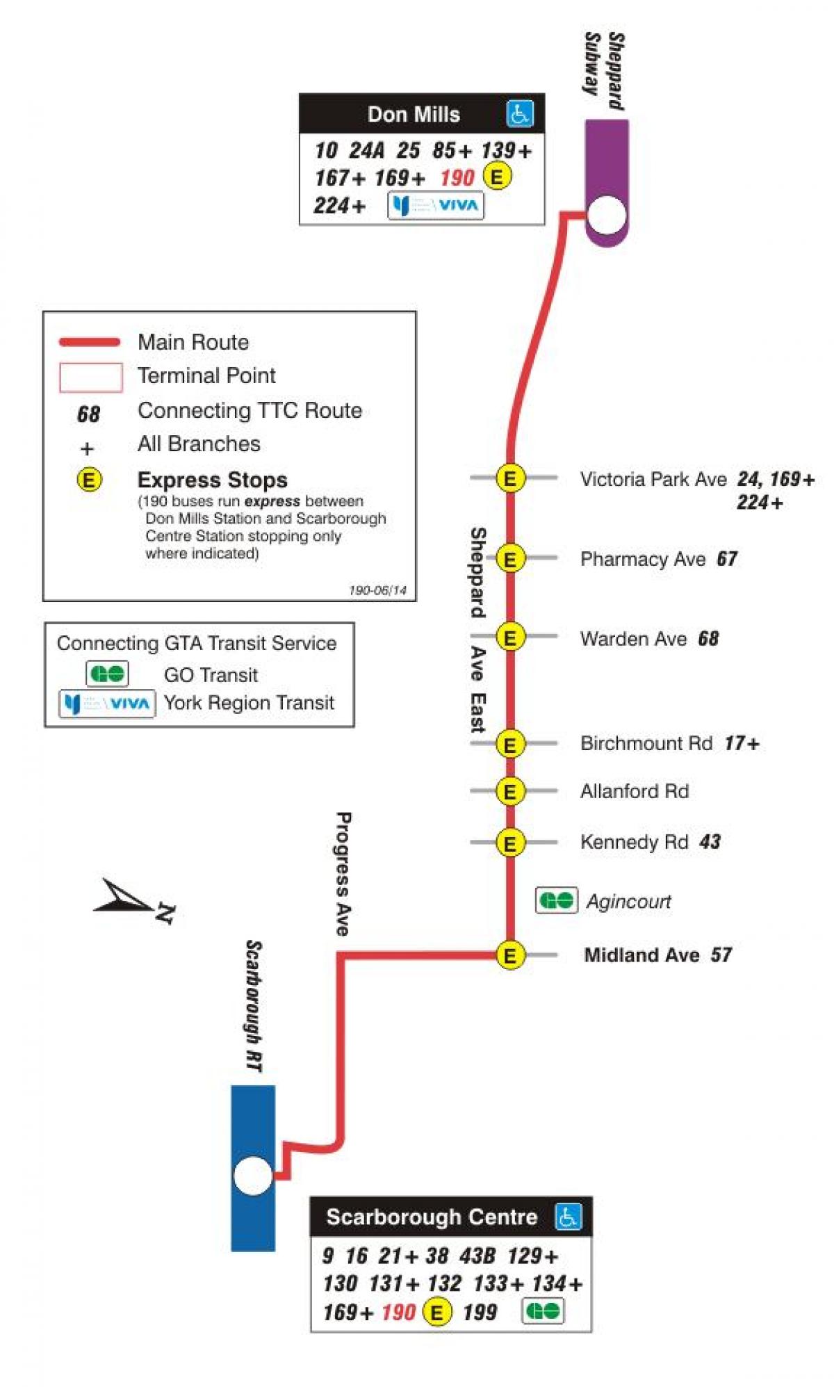 Kaart TTC 190 Scarborough Keskuse Raketi buss marsruudil Toronto