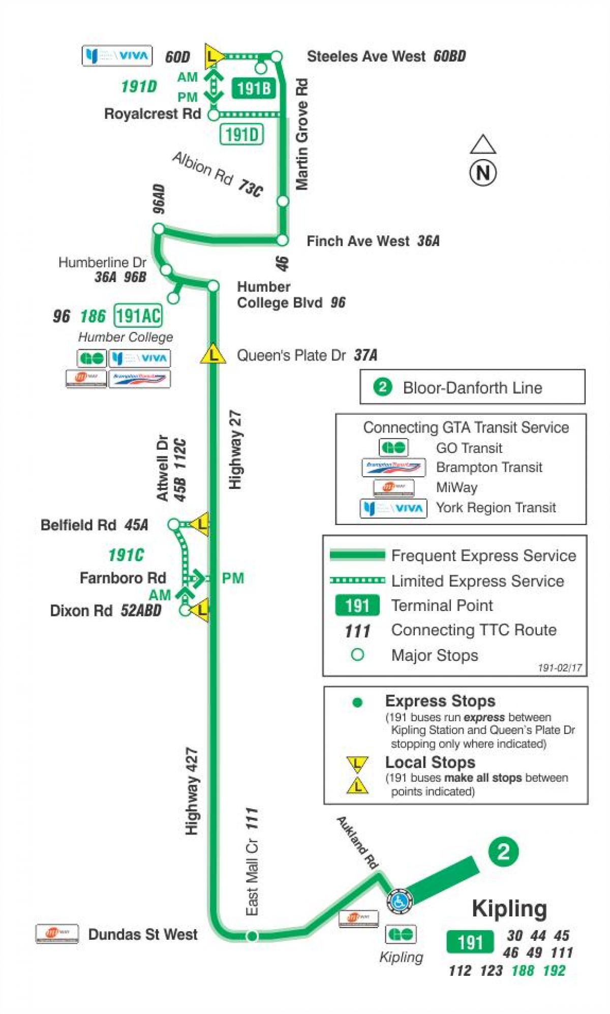 Kaart TTC 191 Highway 27 Raketi buss marsruudil Toronto