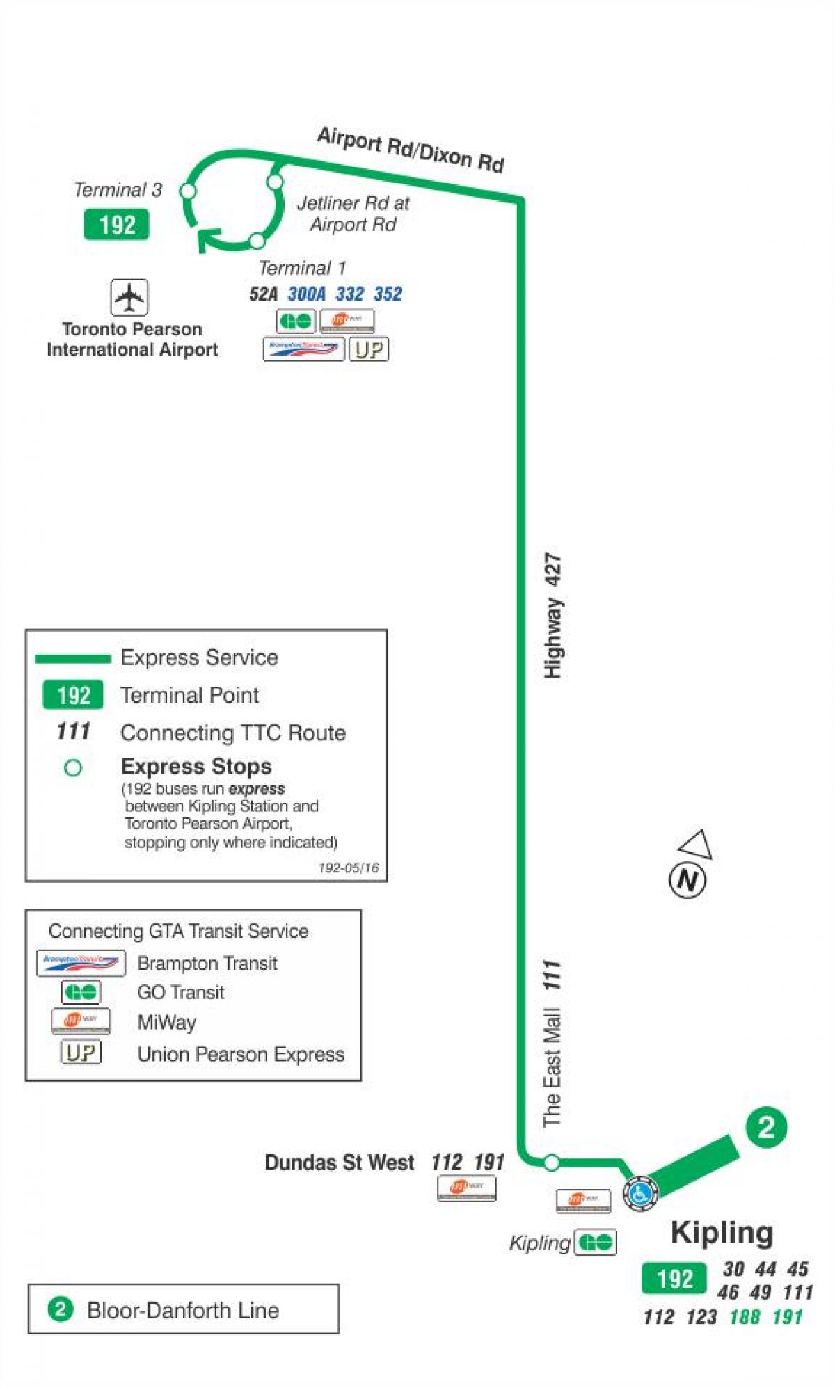 Kaart TTC 192 Lennujaama Raketi buss marsruudil Toronto