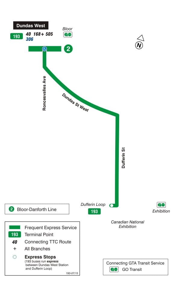 Kaart TTC 193 Näitus Raketi buss marsruudil Toronto