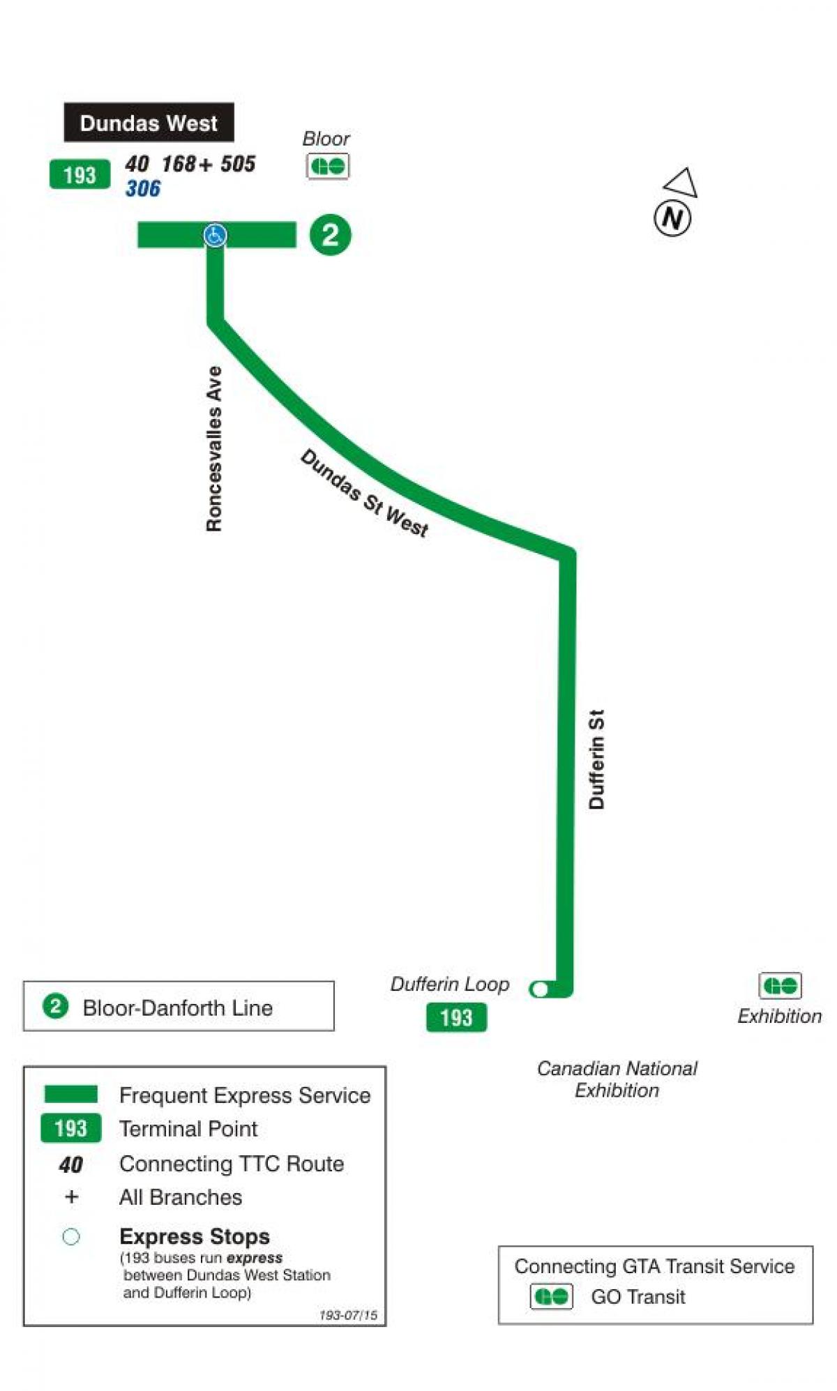 Kaart TTC 193 Näitus Raketi buss marsruudil Toronto