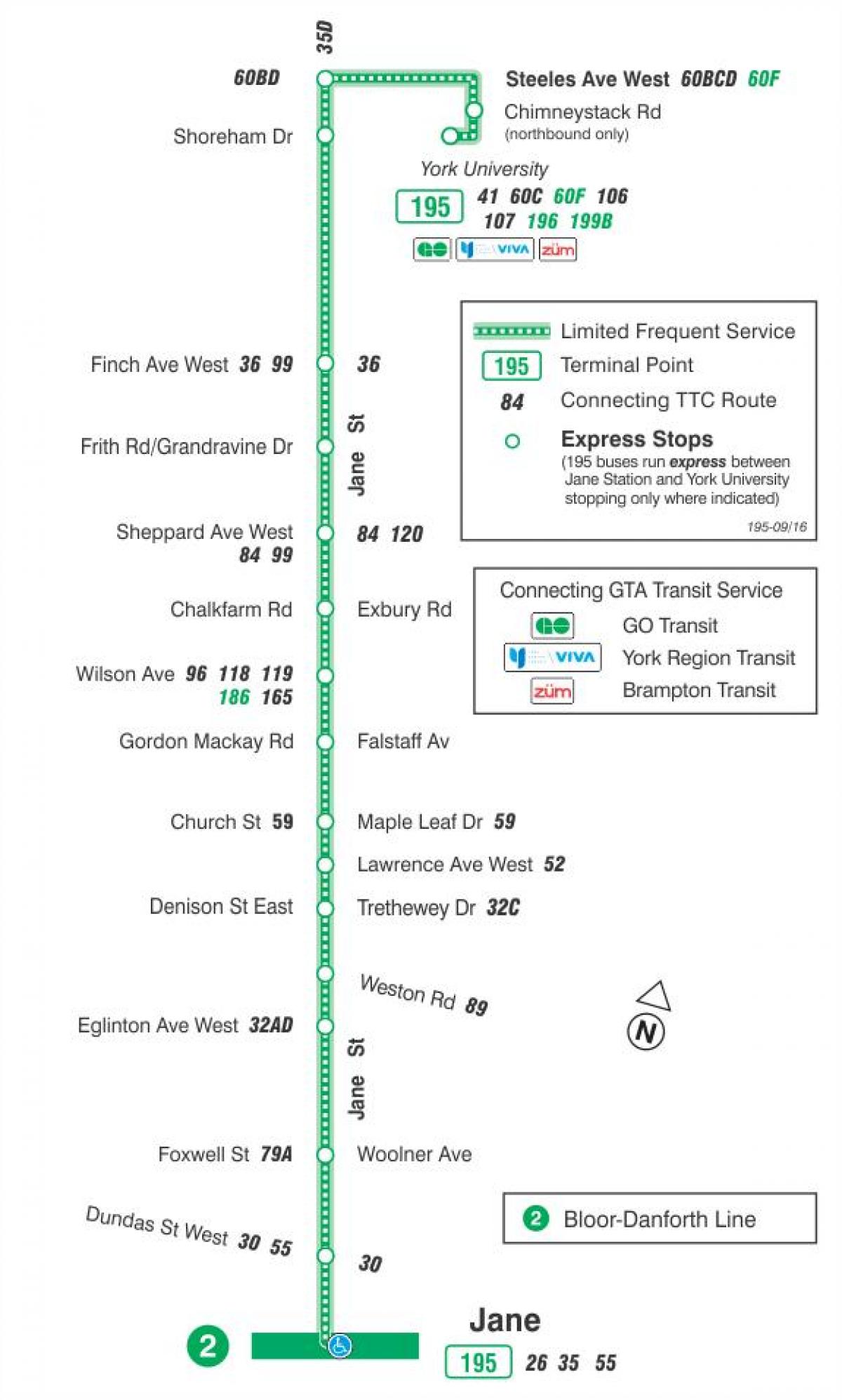 Kaart TTC 195 Jane Raketi buss marsruudil Toronto