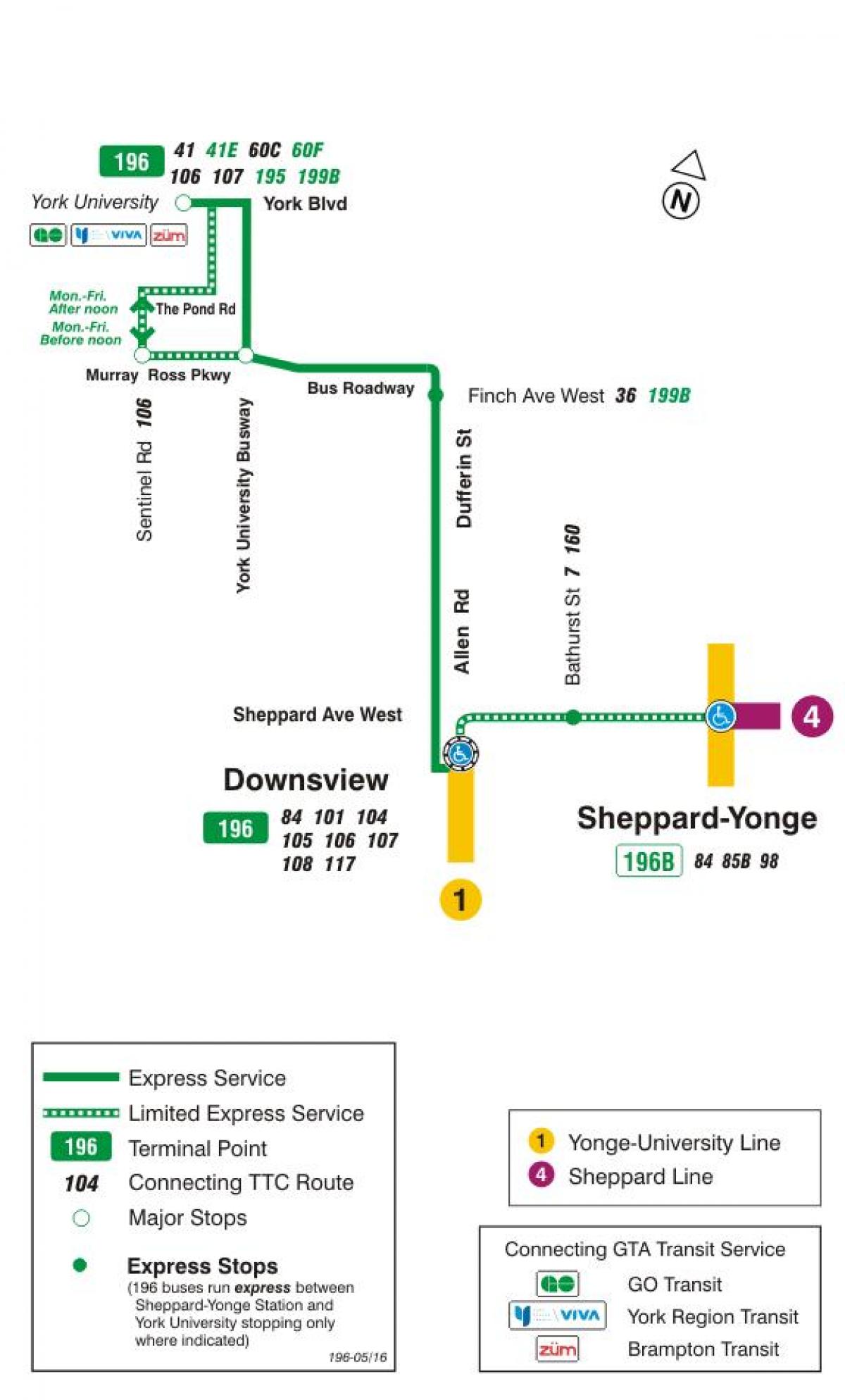 Kaart TTC 196 York University Raketi buss marsruudil Toronto