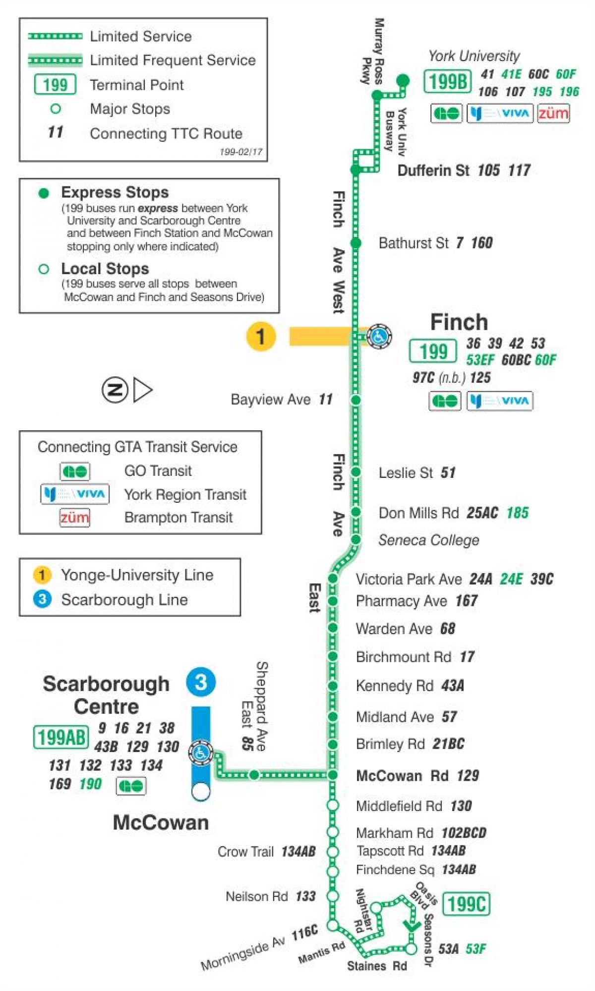 Kaart TTC 199 Finch Raketi buss marsruudil Toronto