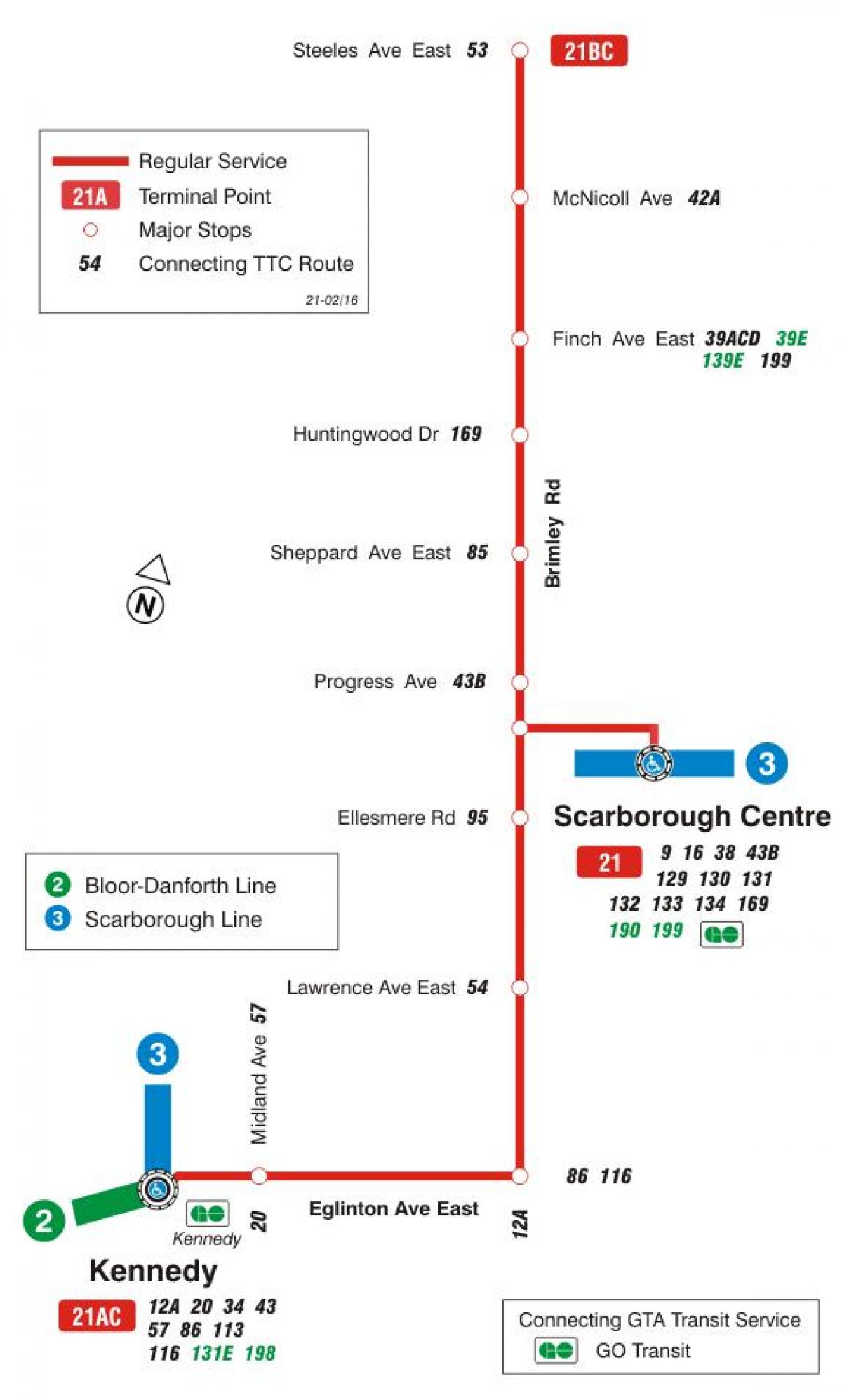 Kaart TTC 21 Brimley buss marsruudil Toronto