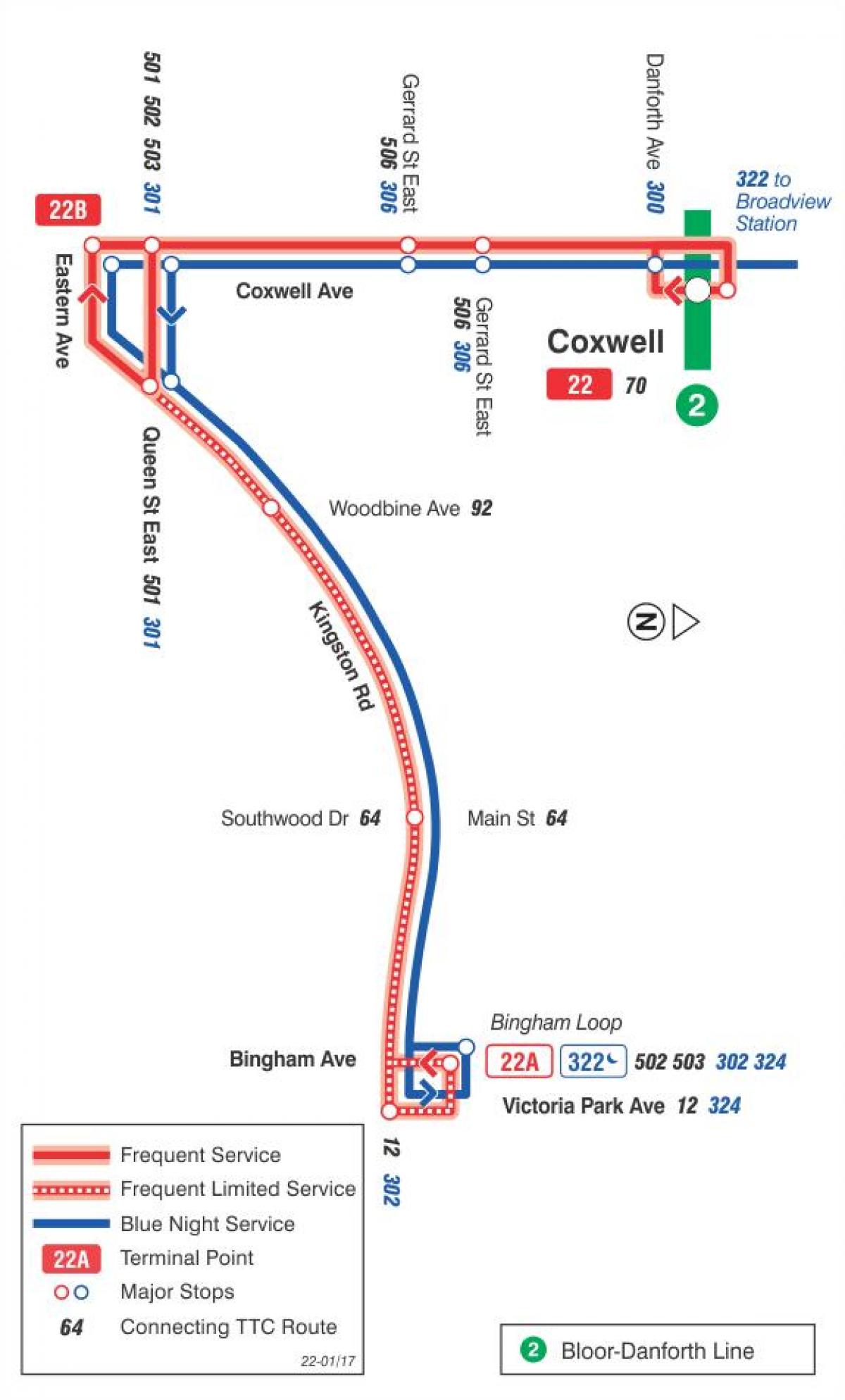 Kaart TTC 22 Coxwell buss marsruudil Toronto