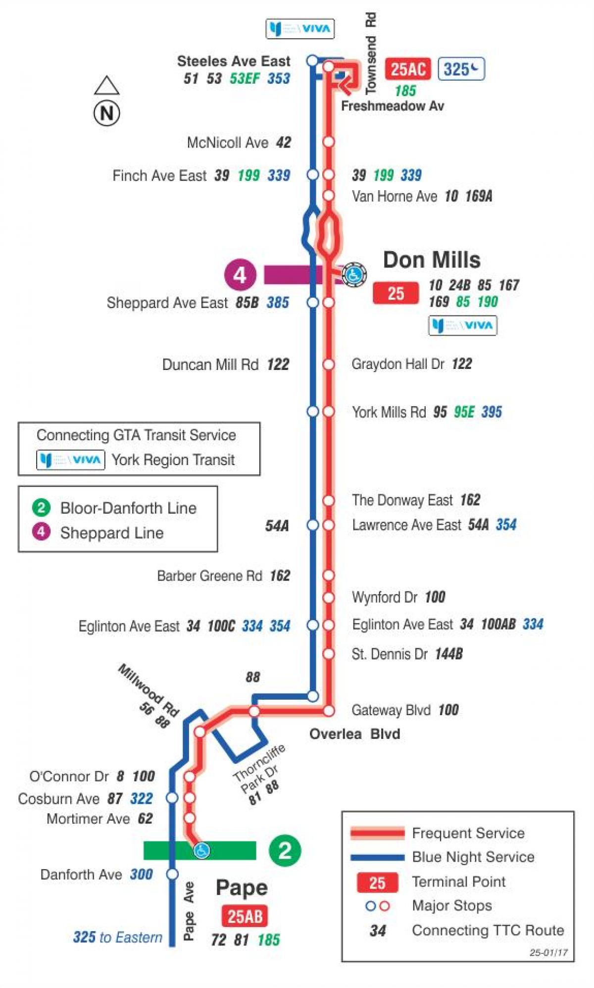 Kaart TTC 25 Don Mills buss marsruudil Toronto