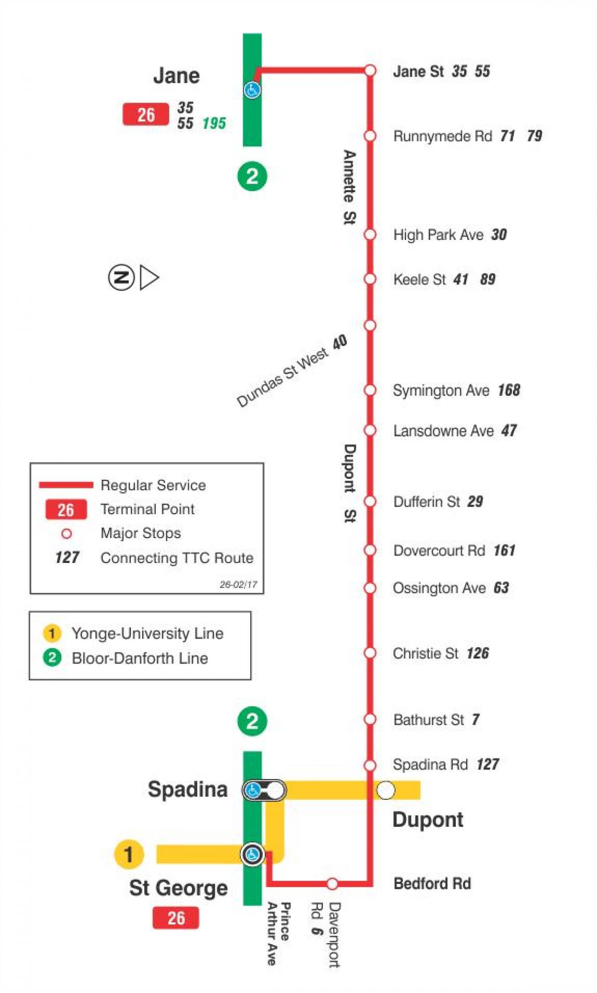 Kaart TTC 26 Dupont buss marsruudil Toronto
