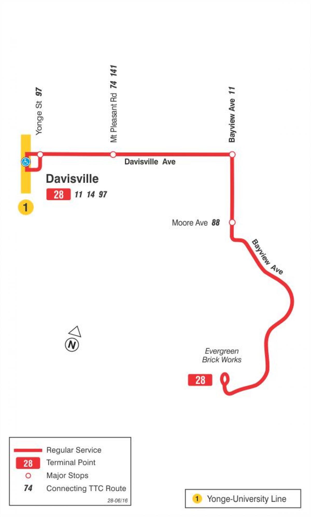 Kaart TTC 28 Bayview Lõuna-buss marsruudil Toronto