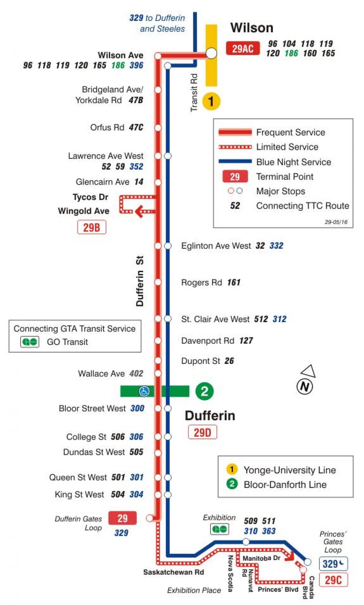 Kaart TTC 29 Dufferin buss marsruudil Toronto