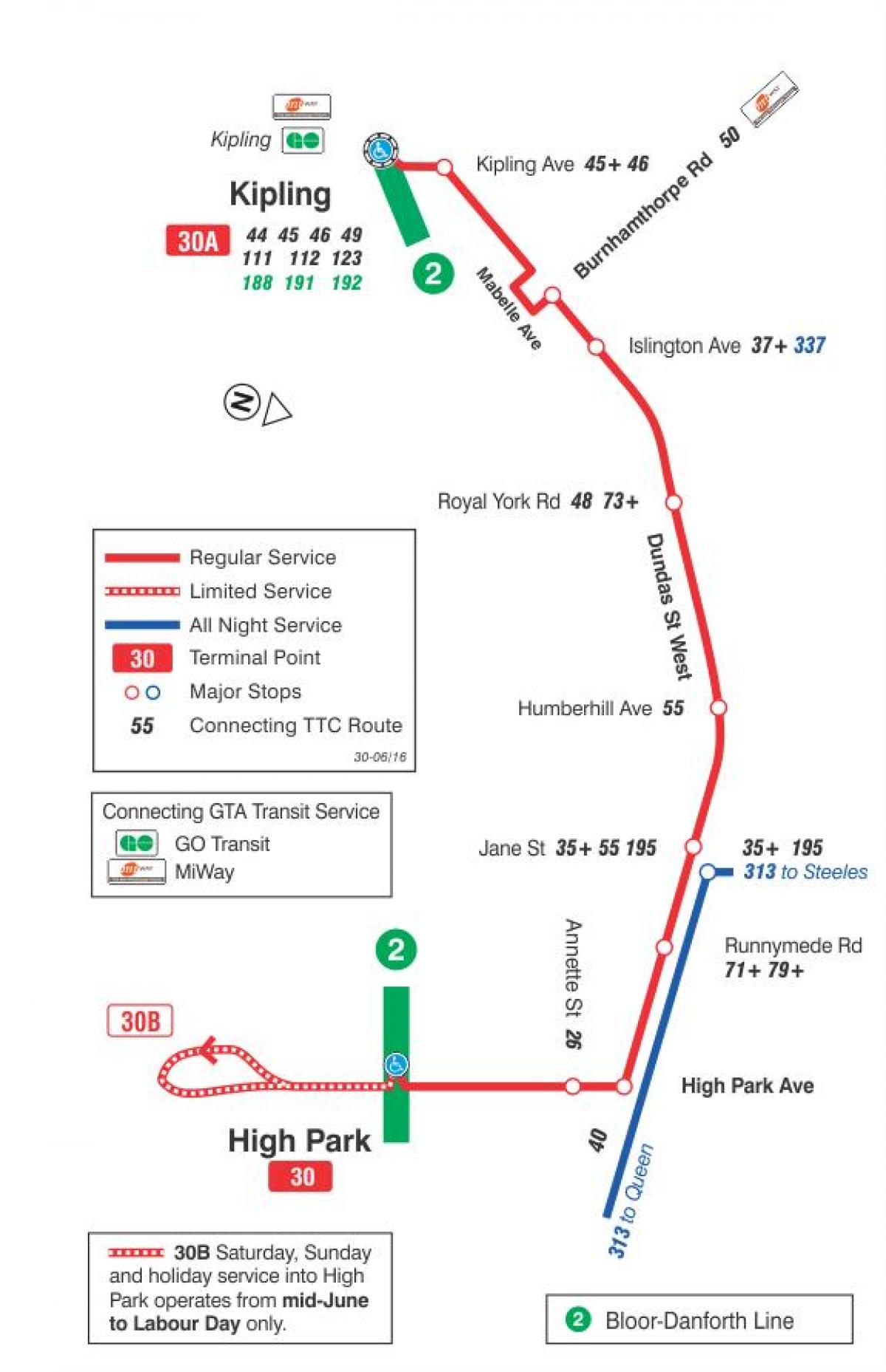 Kaart TTC 30 Lambton buss marsruudil Toronto