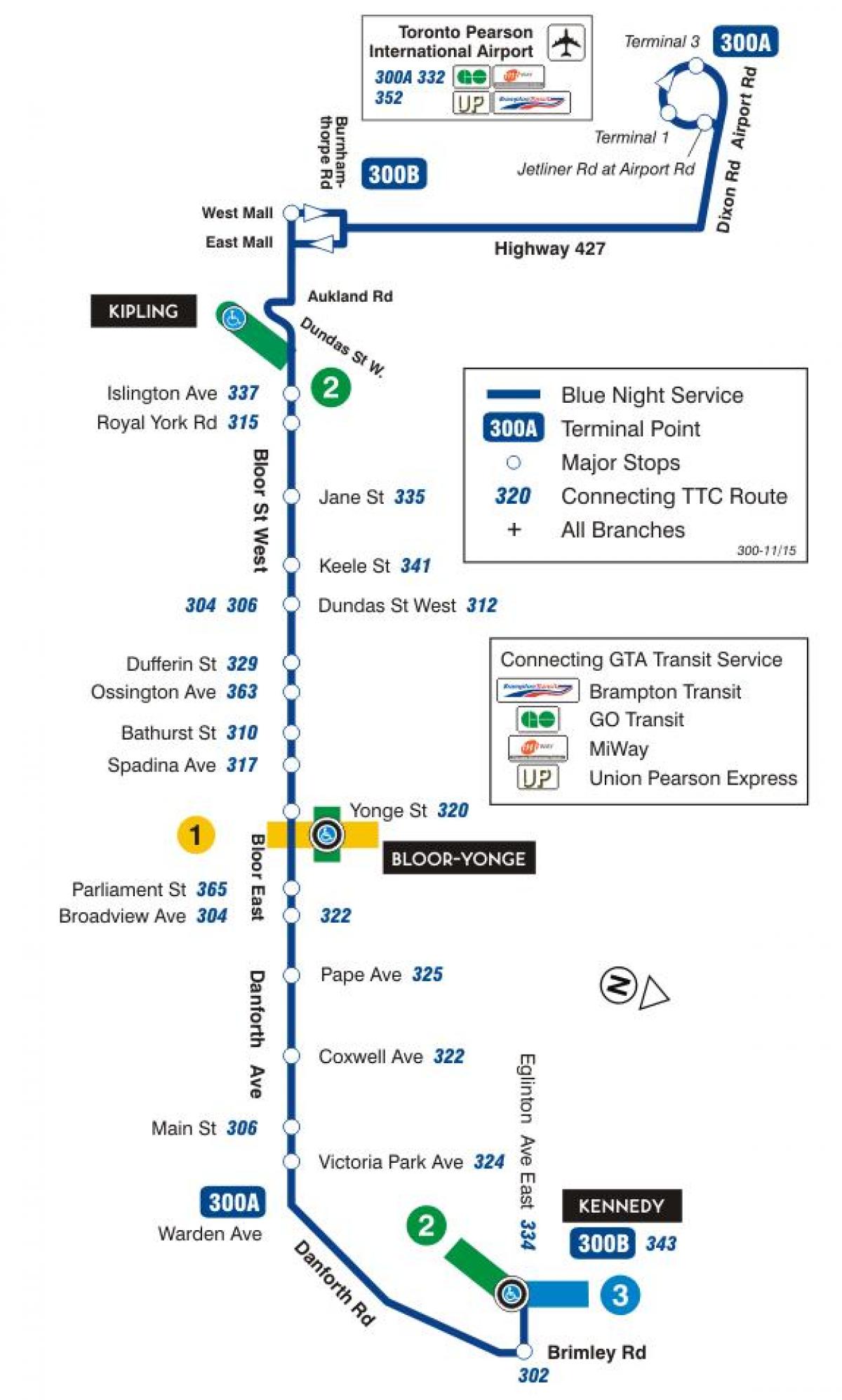Kaart TTC 300A Bloor-Danforth buss marsruudil Toronto