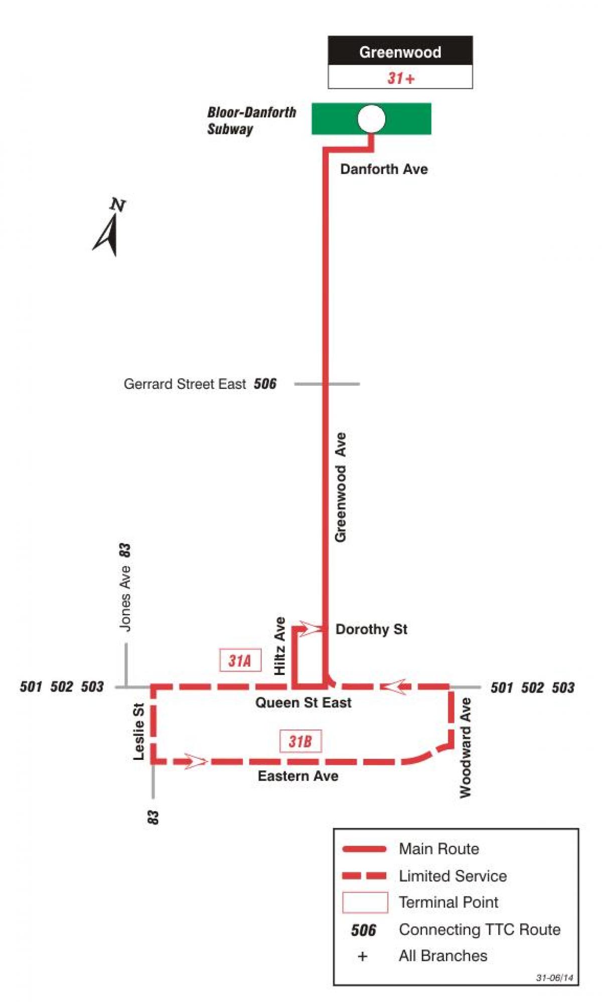 Kaart TTC 31 Greenwood buss marsruudil Toronto