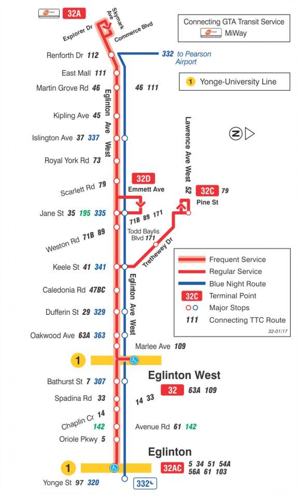 Kaart TTC 32 Eglinton West buss marsruudil Toronto