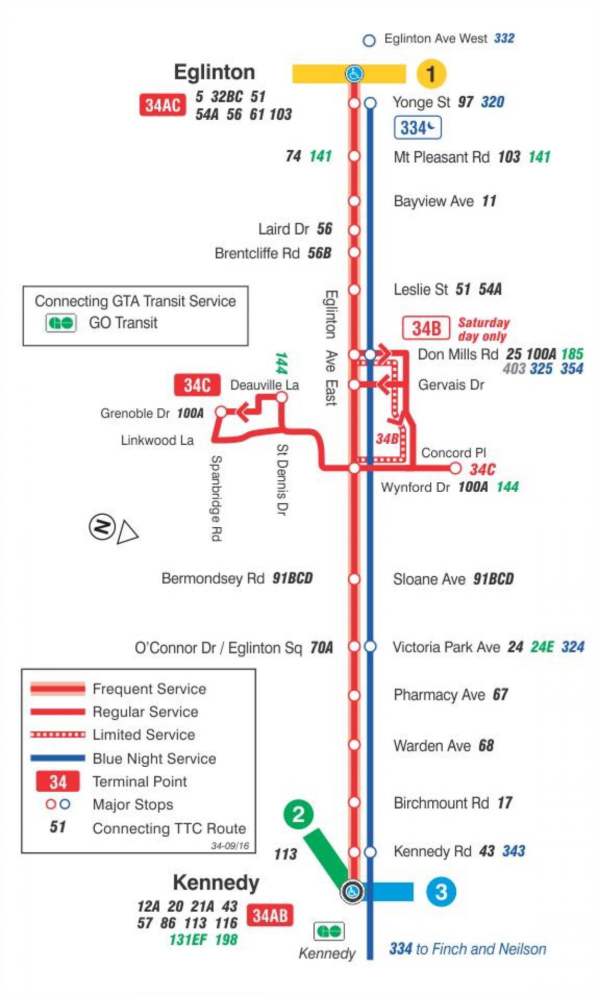 Kaart TTC 34 Eglinton Ida-bussi marsruut Toronto