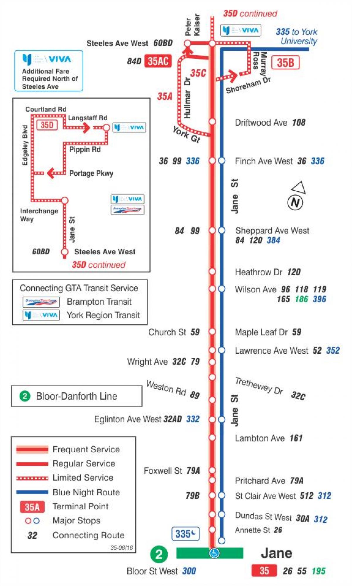 Kaart TTC 35 Jane buss marsruudil Toronto