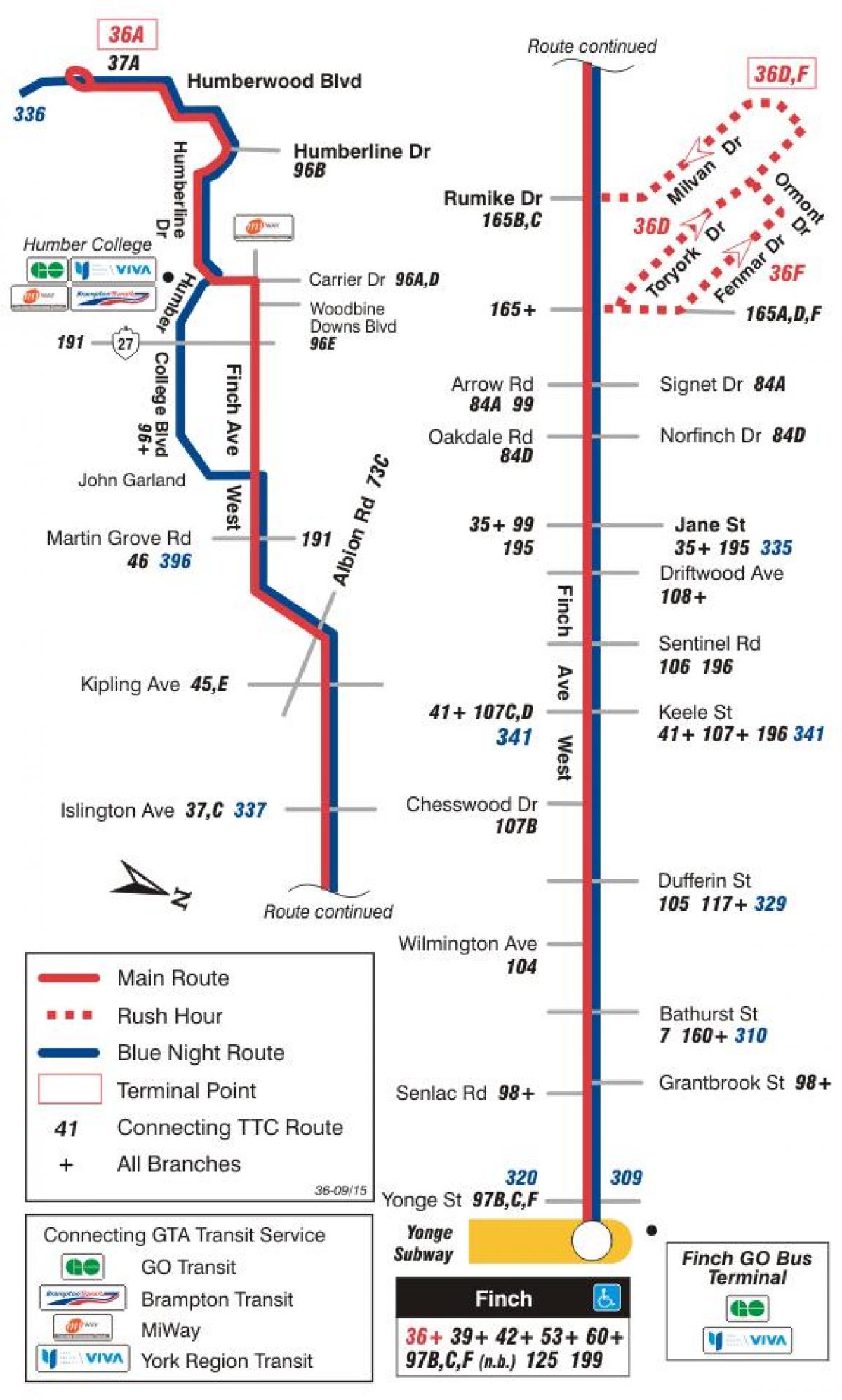 Kaart TTC 36 Finch Lääne-buss marsruudil Toronto