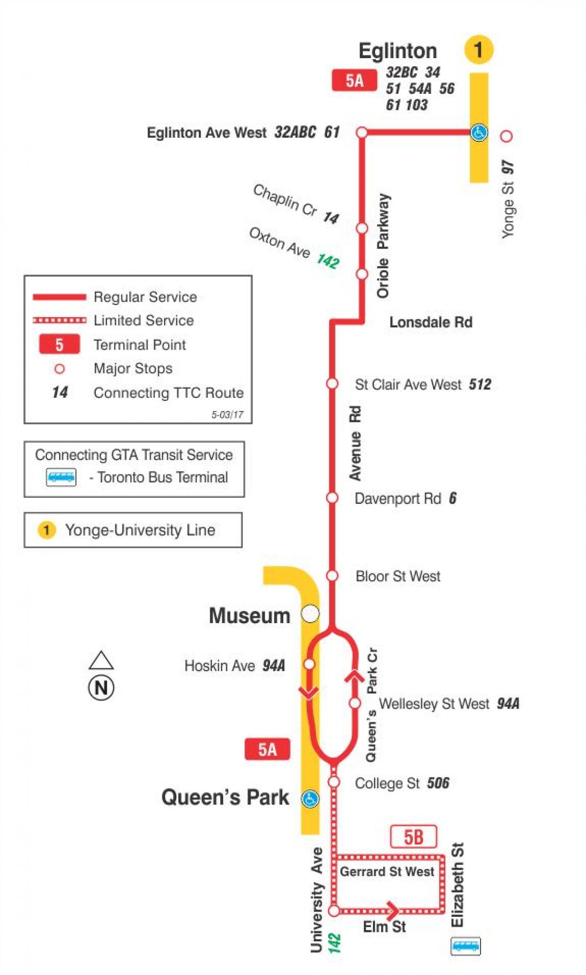 Kaart TTC 5 Avenue Rd buss marsruudil Toronto