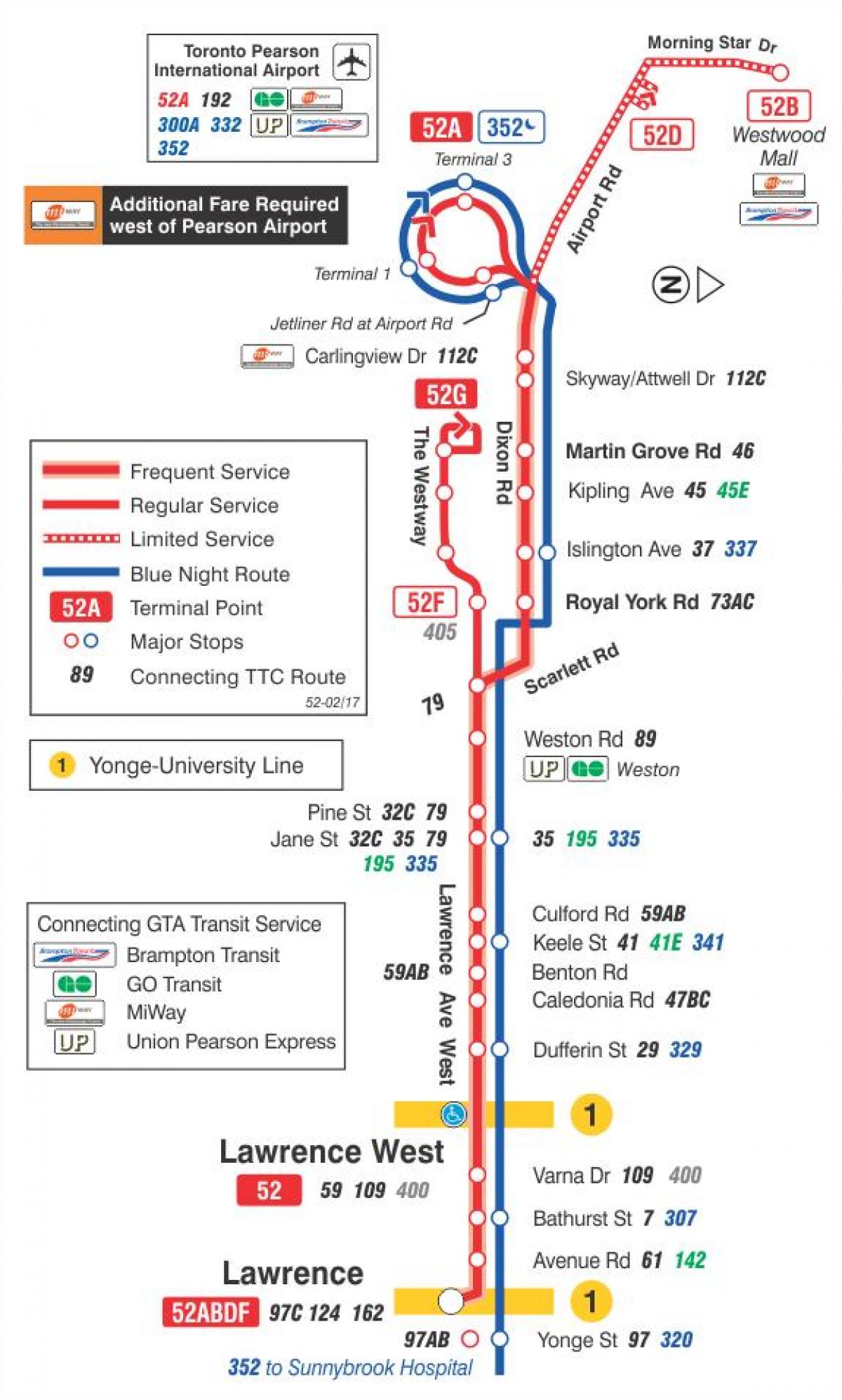 Kaart TTC 52 Lawrence West buss marsruudil Toronto