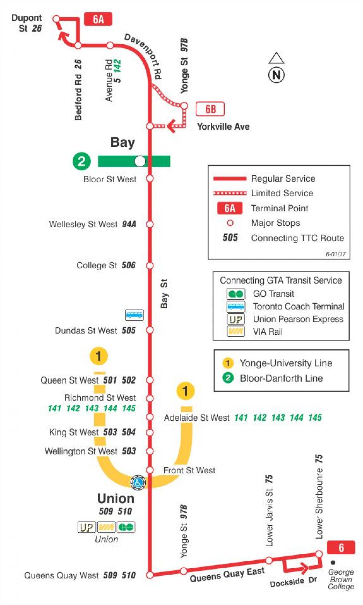 Kaart TTC 6 Bay bussi marsruudil Toronto