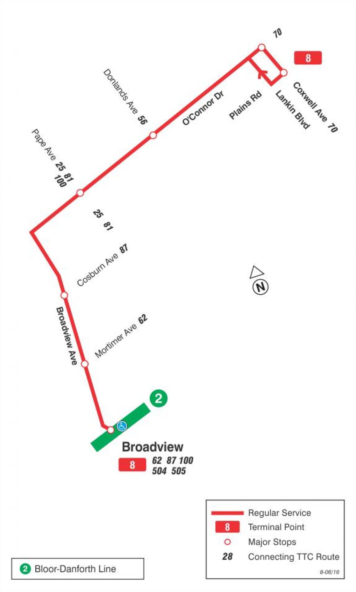 Kaart TTC 8 Broadview buss marsruudil Toronto