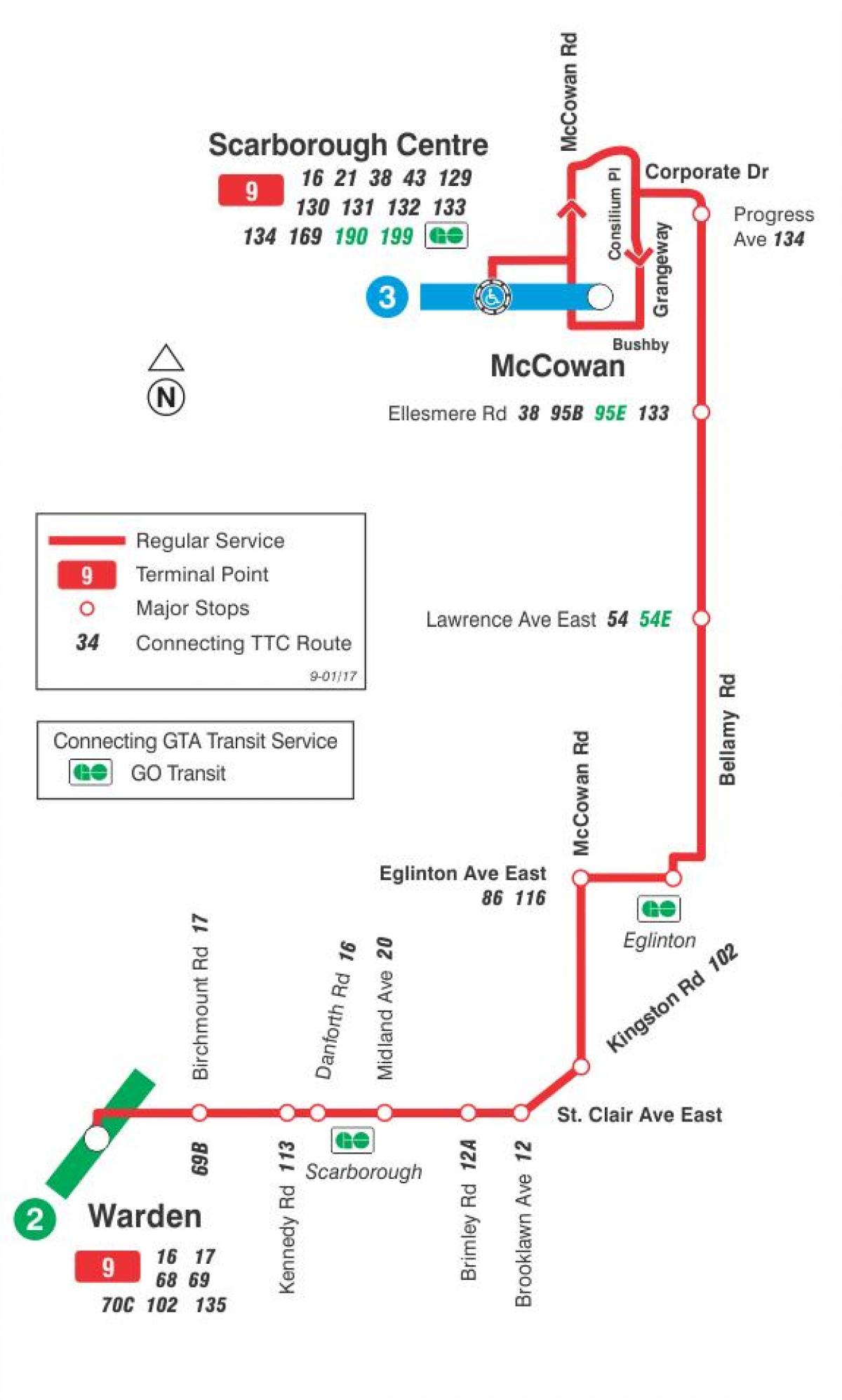 Kaart TTC 9 Bellamy buss marsruudil Toronto
