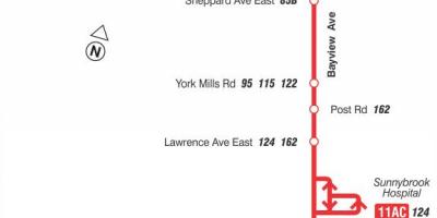 Kaart TTC 11 Bayview buss marsruudil Toronto