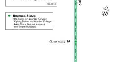 Kaart TTC 188 Kipling Lõuna-Raketi buss marsruudil Toronto