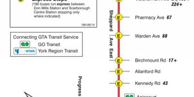 Kaart TTC 190 Scarborough Keskuse Raketi buss marsruudil Toronto