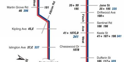 Kaart TTC 36 Finch Lääne-buss marsruudil Toronto