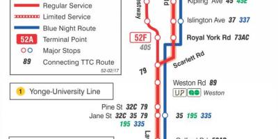 Kaart TTC 52 Lawrence West buss marsruudil Toronto