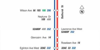 Kaart TTC 7 Bathurst buss marsruudil Toronto