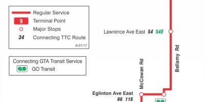 Kaart TTC 9 Bellamy buss marsruudil Toronto